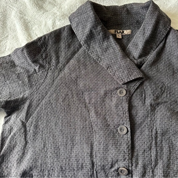 FLAX Linen Button Down Textured Dark Gray Jacket Lagenlook Blazer Pockets Large - Picture 9 of 13